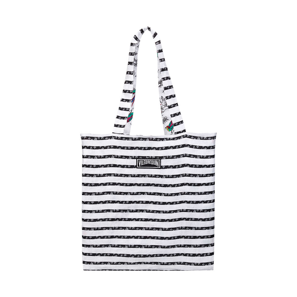 Vilebrequin Unisex Reversible Linen Beach Bag Micro Rondes Des Tortues Rayée